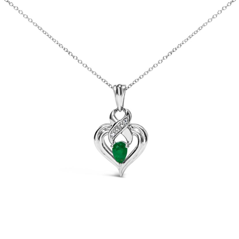 Silver 6x4mm Pear Emerald and Diamond Accent Heart Pendant Necklace - 18 Inches
