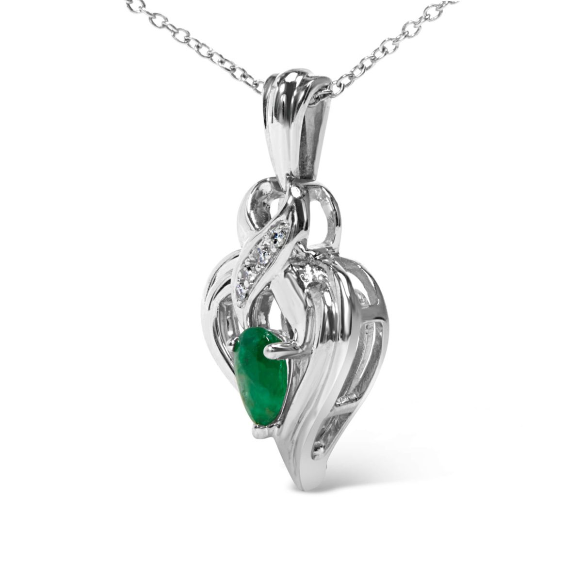 Silver 6x4mm Pear Emerald and Diamond Accent Heart Pendant Necklace - 18 Inches