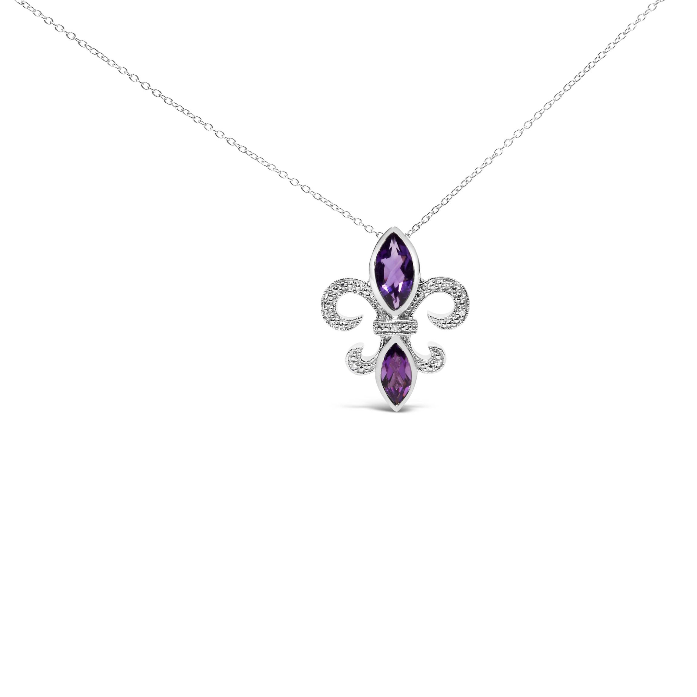 Silver Purple Amethyst Marquise and Diamond Accent Fleur De Lis Pendant Necklace