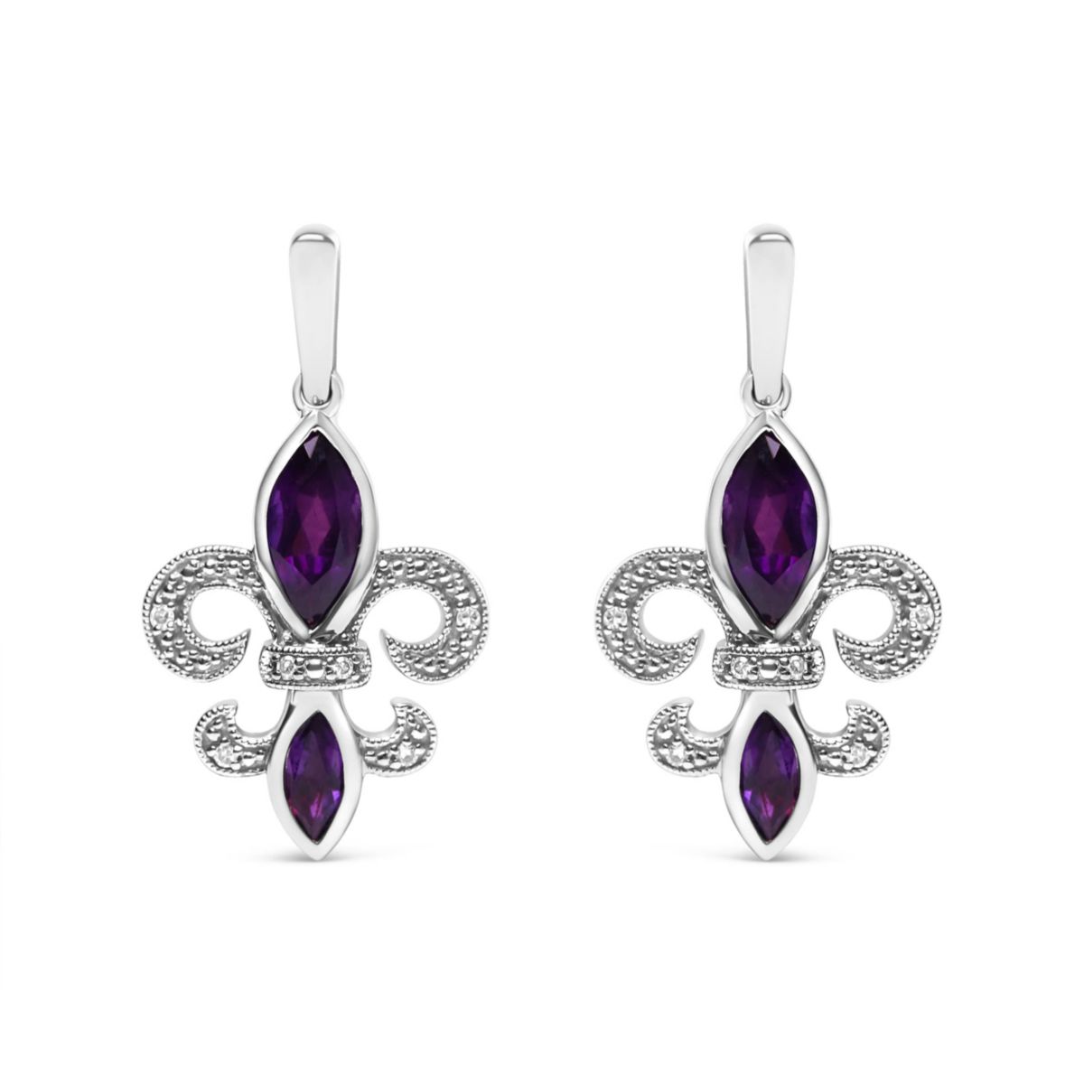.925 Sterling Silver Amethyst & Diamond Accent Fleur De Lis Dangle Stud Earrings