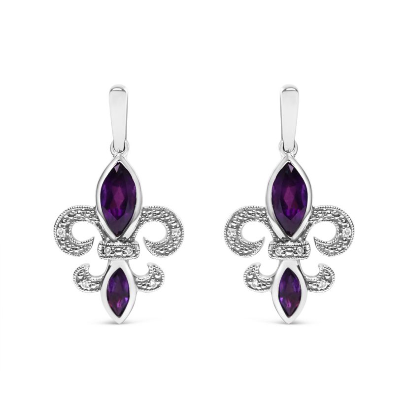 .925 Sterling Silver Amethyst & Diamond Accent Fleur De Lis Dangle Stud Earrings