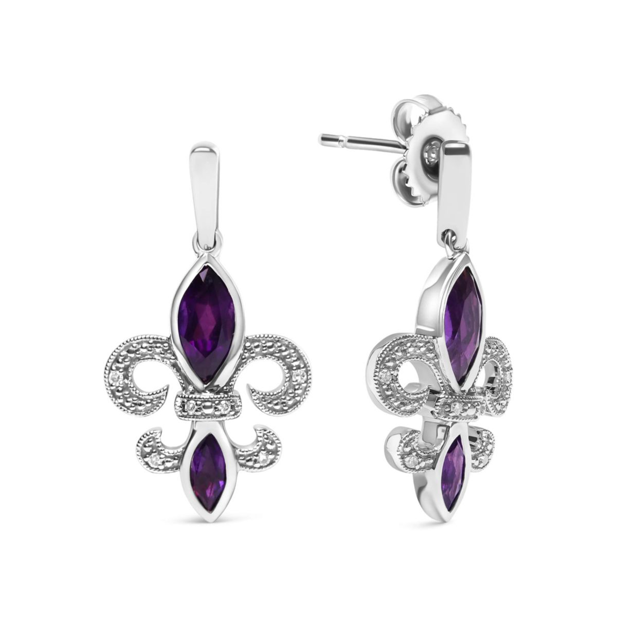 .925 Sterling Silver Amethyst & Diamond Accent Fleur De Lis Dangle Stud Earrings