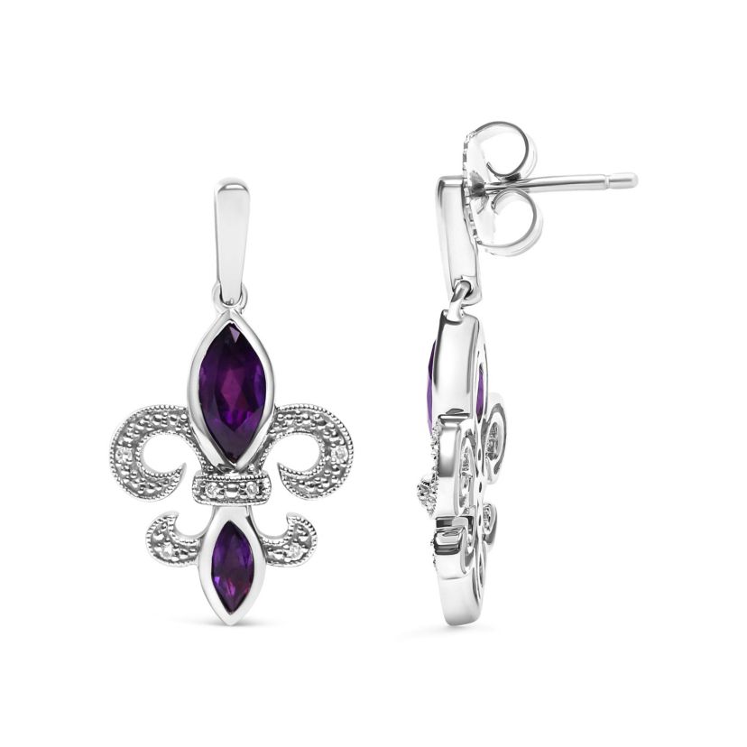 .925 Sterling Silver Amethyst & Diamond Accent Fleur De Lis Dangle Stud Earrings