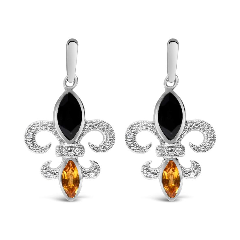 Silver Marquise Onyx and Citrine Diamond Accent Fleur De Lis Drop Stud Earrings