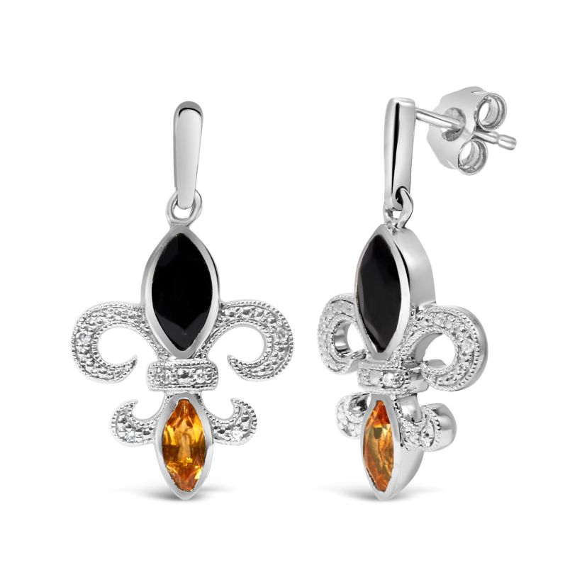 Silver Marquise Onyx and Citrine Diamond Accent Fleur De Lis Drop Stud Earrings