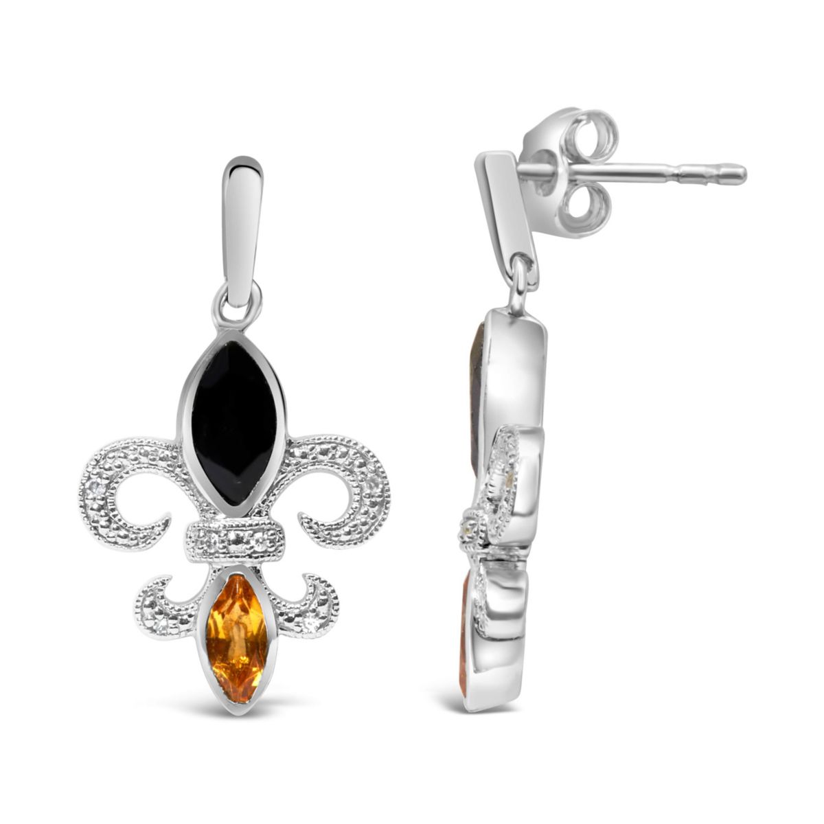 Silver Marquise Onyx and Citrine Diamond Accent Fleur De Lis Drop Stud Earrings