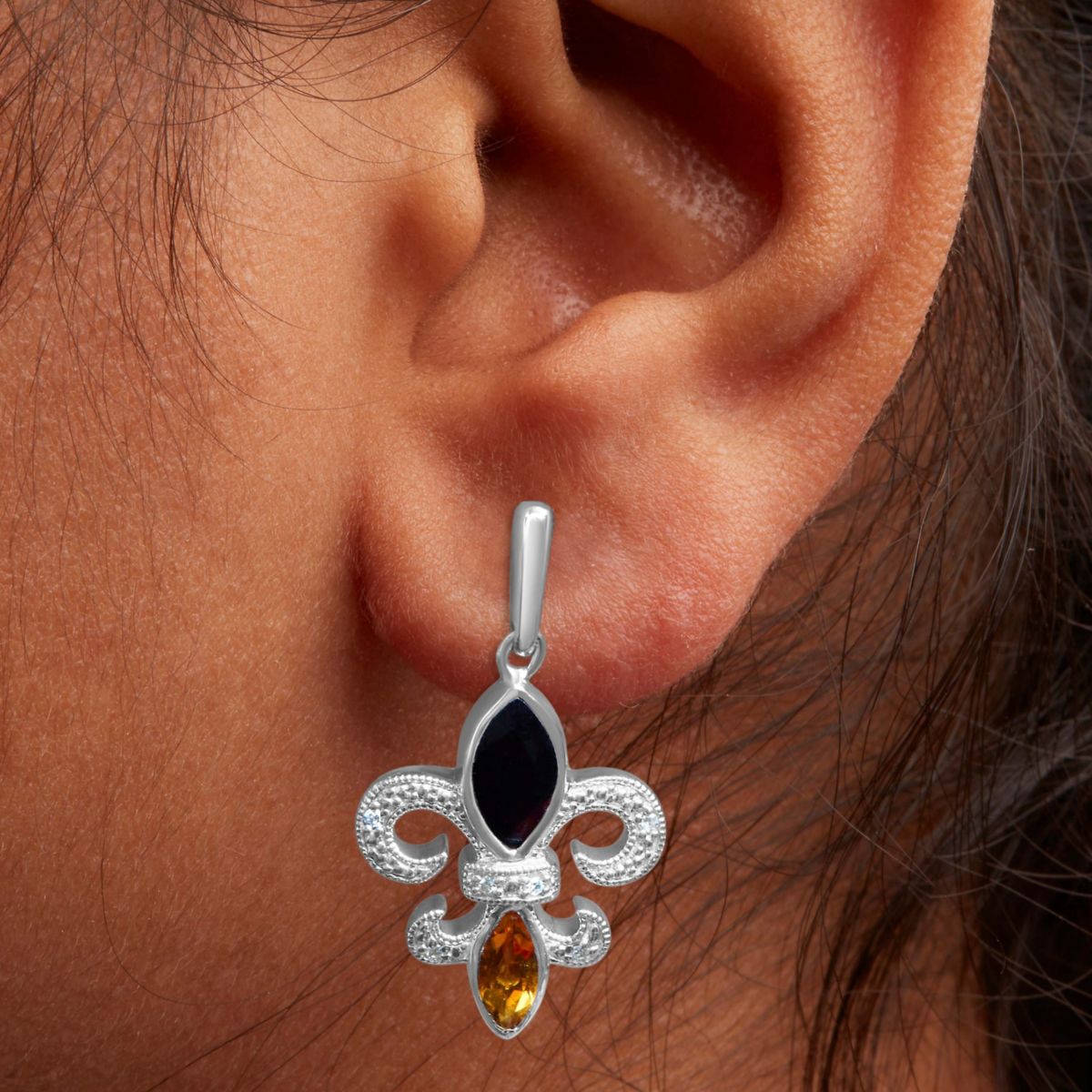 Silver Marquise Onyx and Citrine Diamond Accent Fleur De Lis Drop Stud Earrings