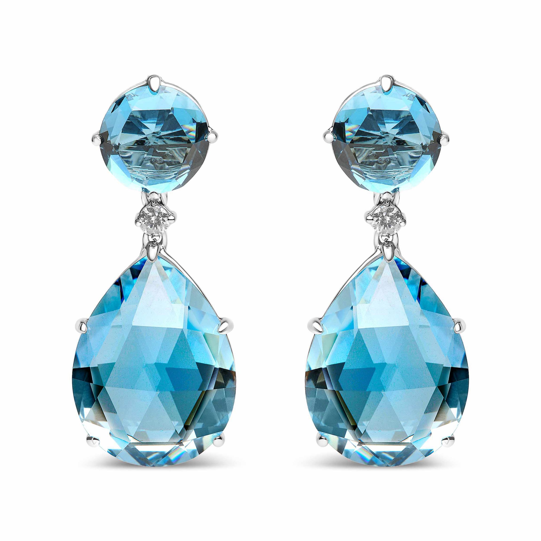 18K Gold 1/5 Ct Diamond with London Blue & Sky Blue Topaz Gemstone Dangle Earring