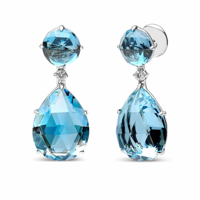 18K Gold 1/5 Ct Diamond with London Blue & Sky Blue Topaz Gemstone Dangle Earring