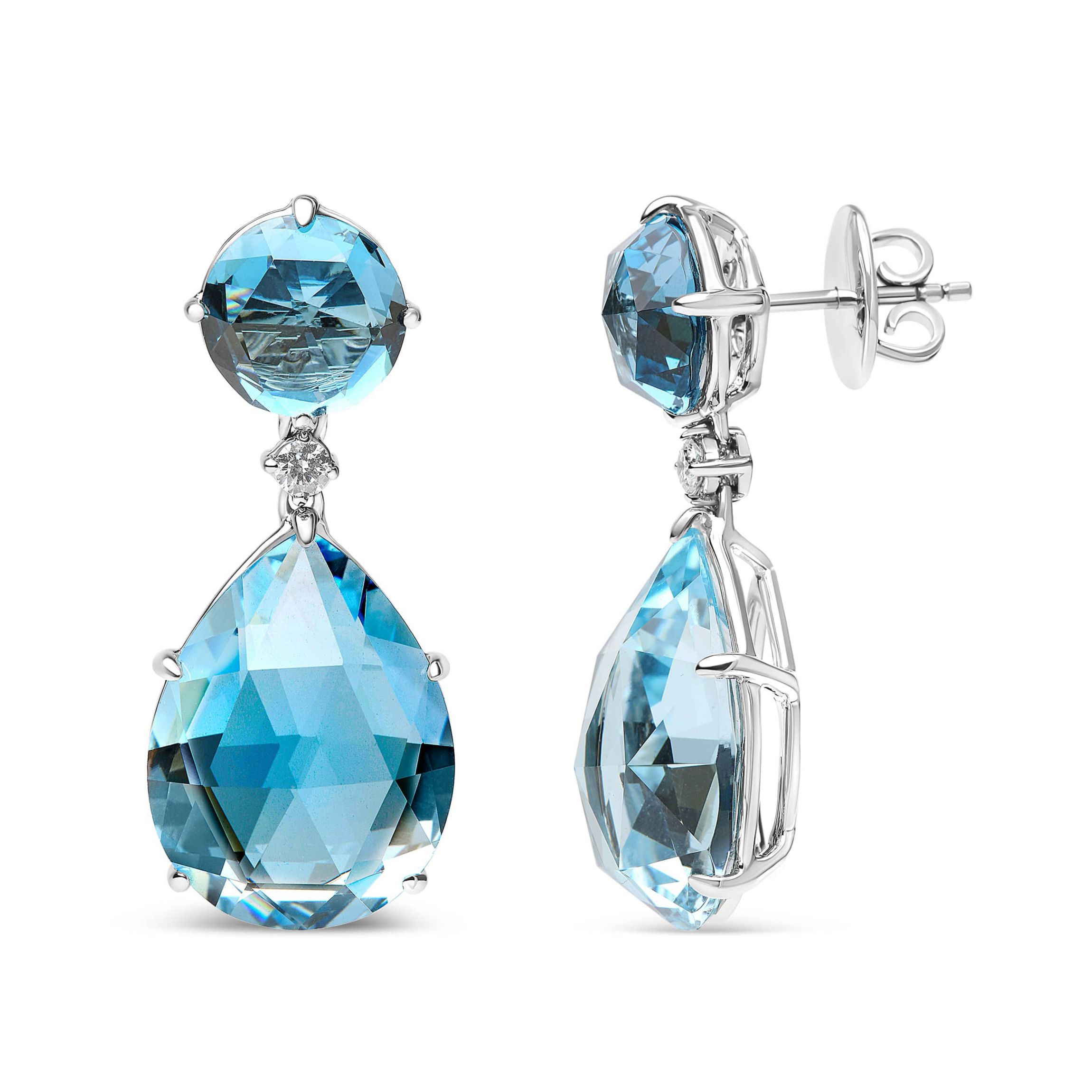 18K Gold 1/5 Ct Diamond with London Blue & Sky Blue Topaz Gemstone Dangle Earring