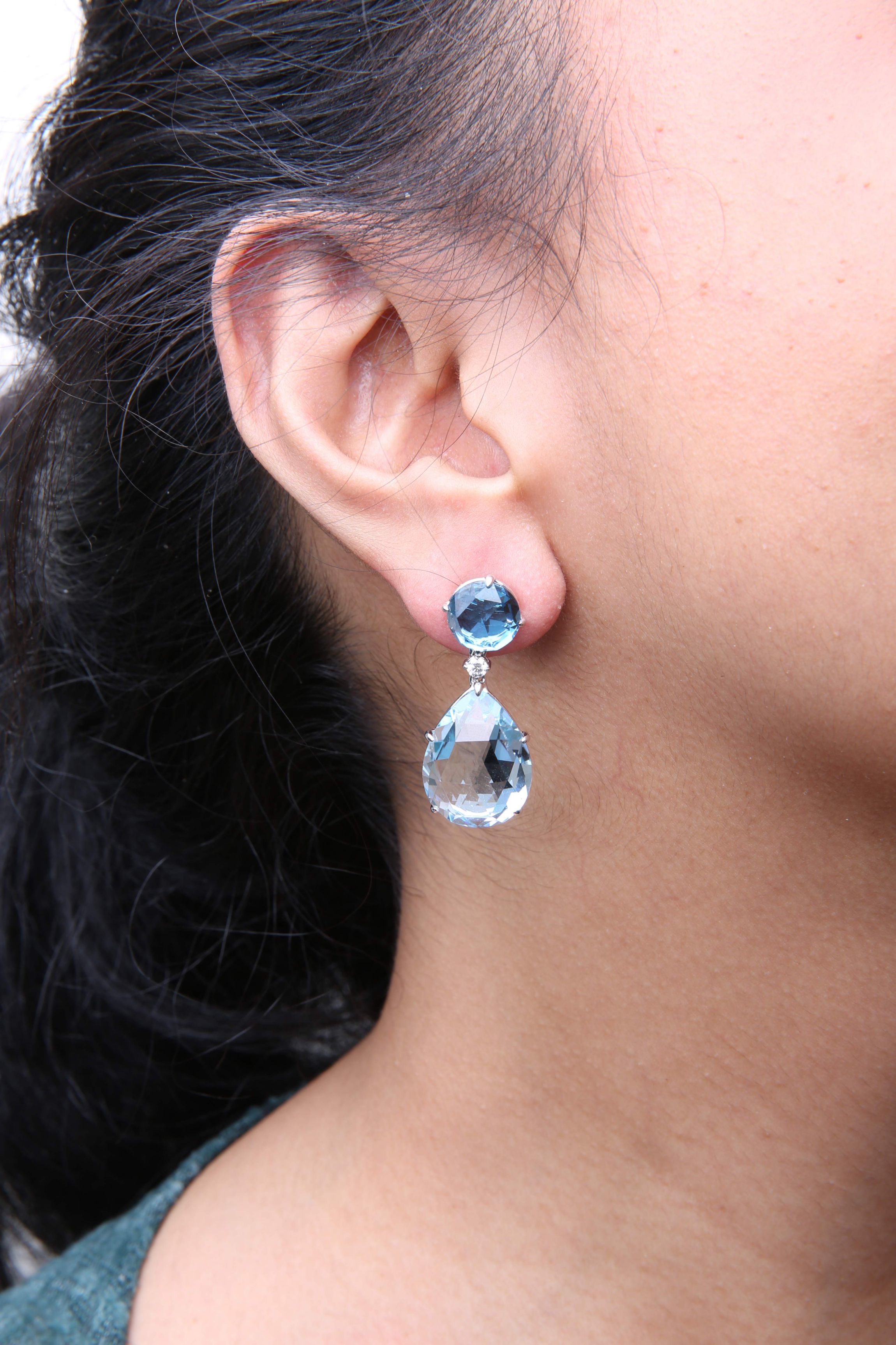 18K Gold 1/5 Ct Diamond with London Blue & Sky Blue Topaz Gemstone Dangle Earring