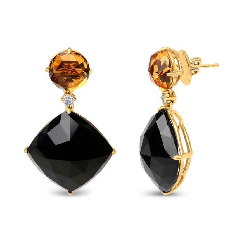 18K Yellow Gold 1/5 Cttw Diamond with Citrine & Black Onyx Gemstone Dangle Earring