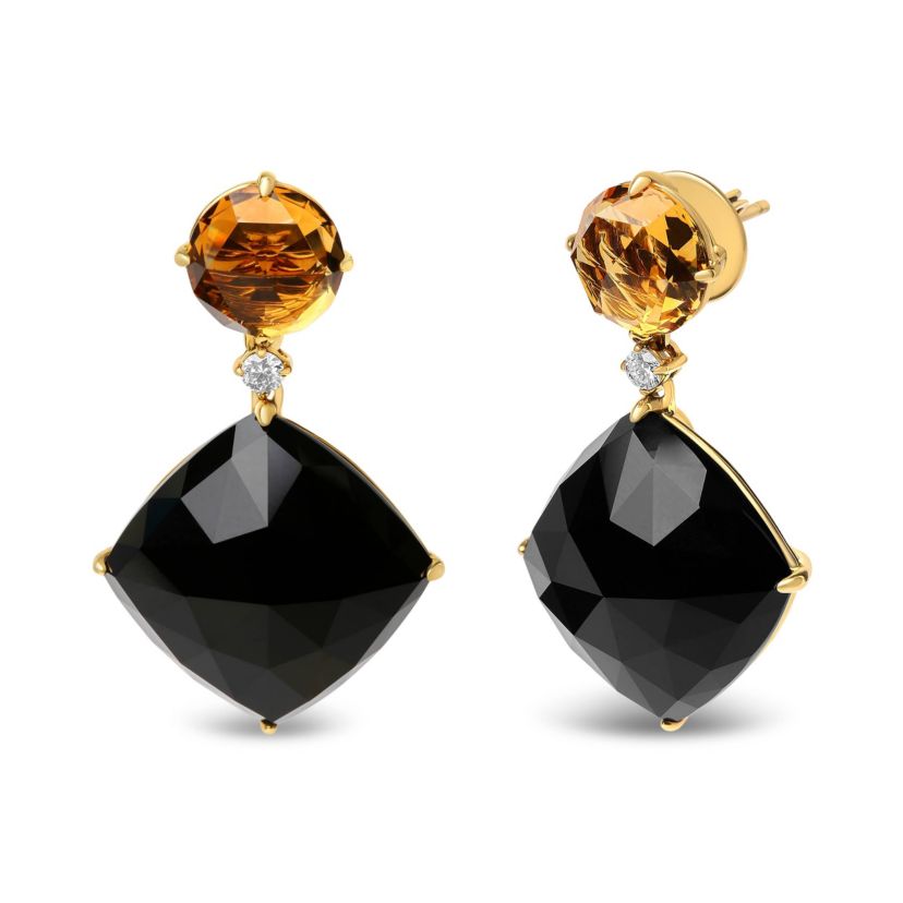 18K Yellow Gold 1/5 Cttw Diamond with Citrine & Black Onyx Gemstone Dangle Earring