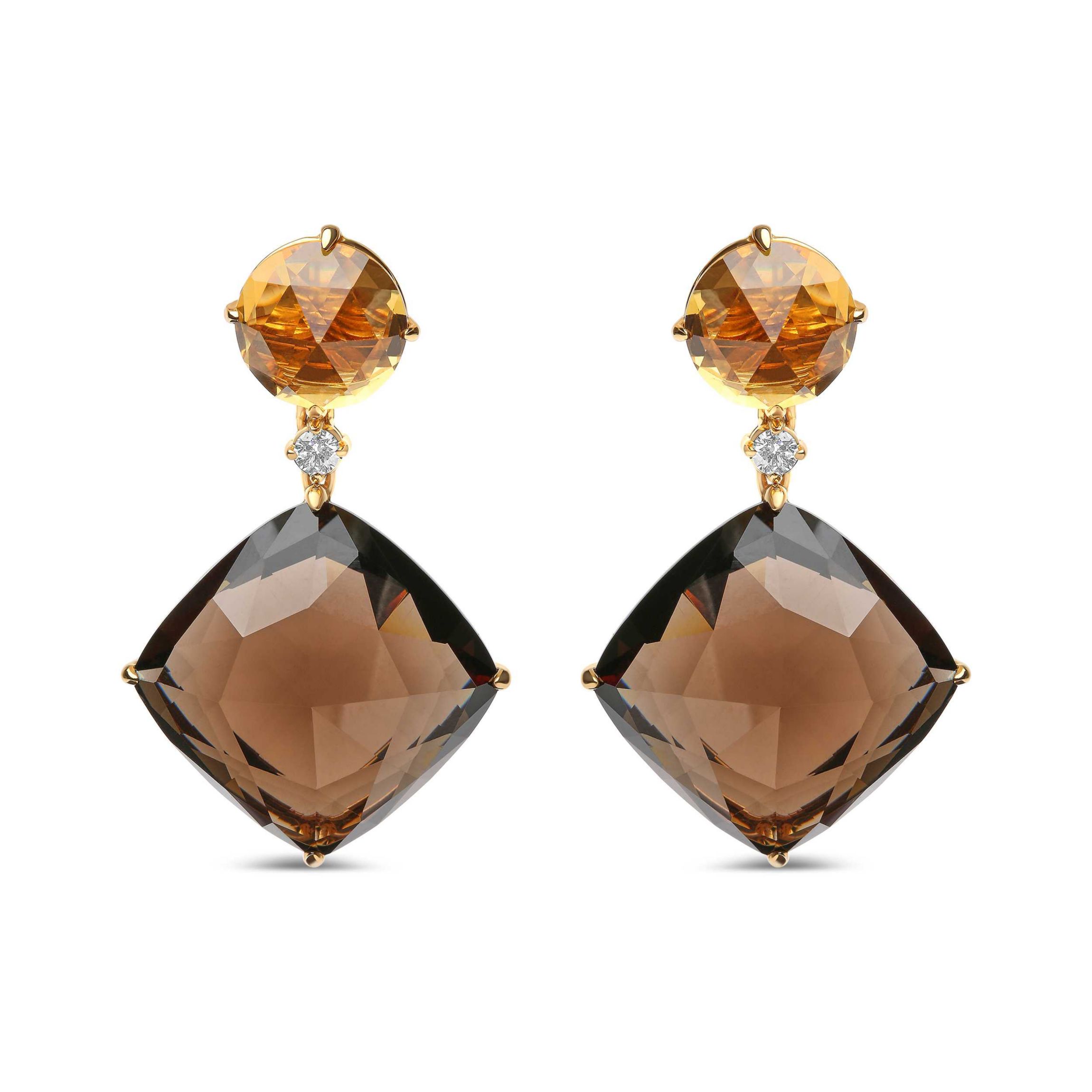 18K Gold 1/5 Ct Diamond with Yellow Citrine & Smoky Quartz Gemstone Dangle Earring