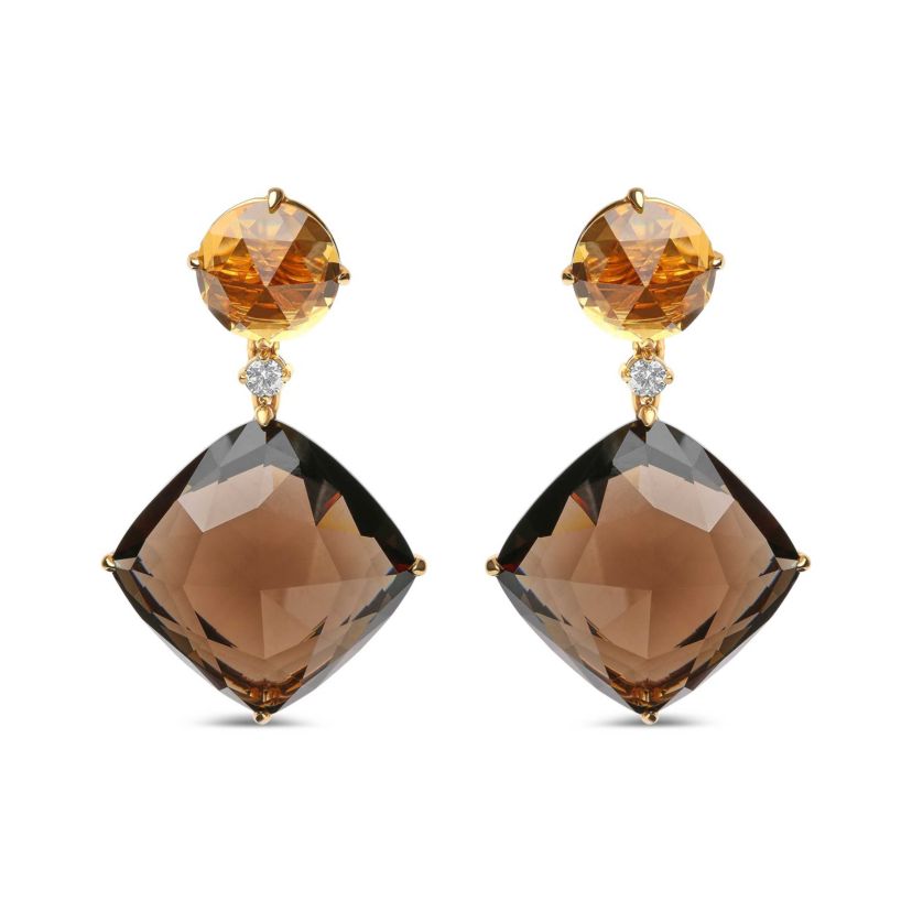 18K Gold 1/5 Ct Diamond with Yellow Citrine & Smoky Quartz Gemstone Dangle Earring