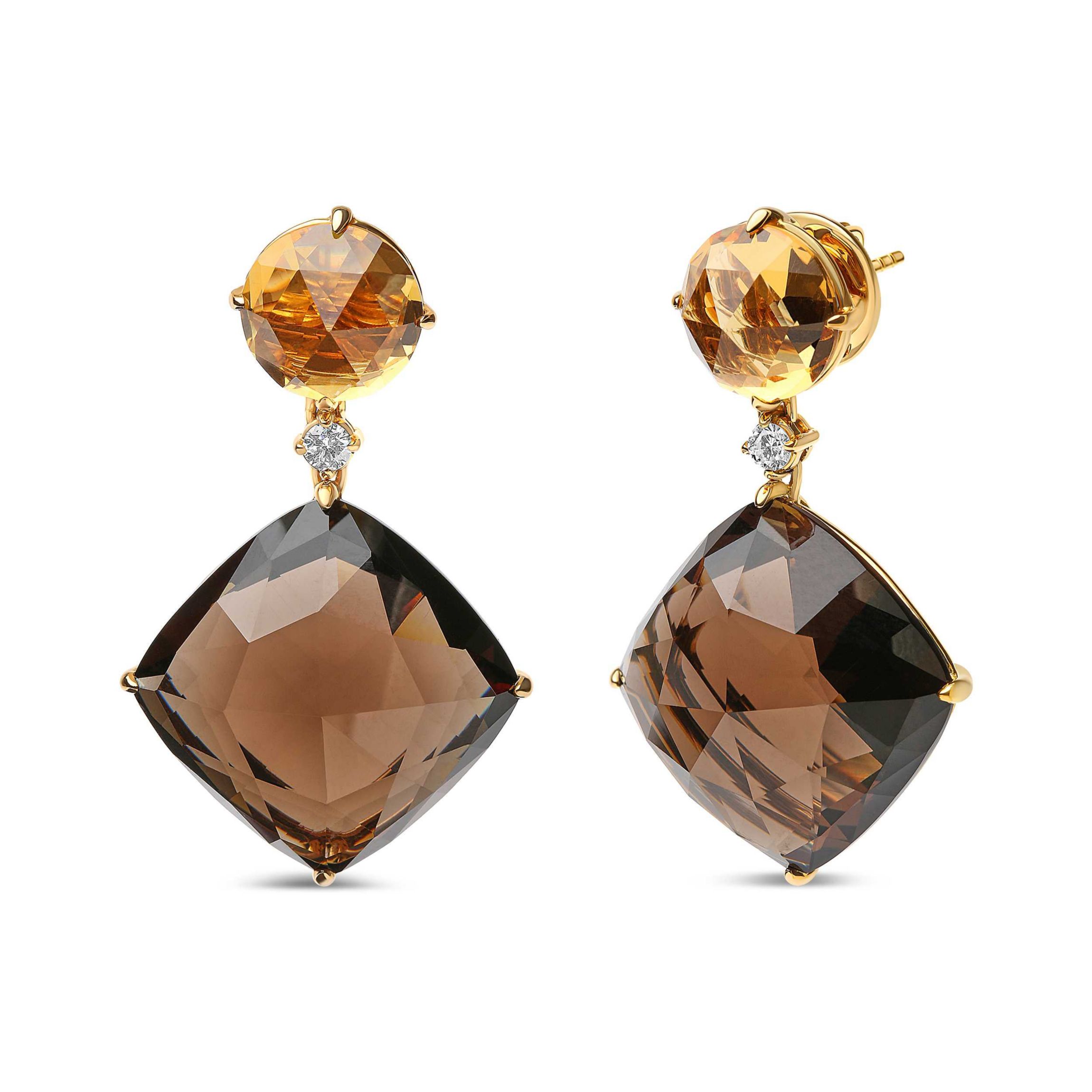 18K Gold 1/5 Ct Diamond with Yellow Citrine & Smoky Quartz Gemstone Dangle Earring