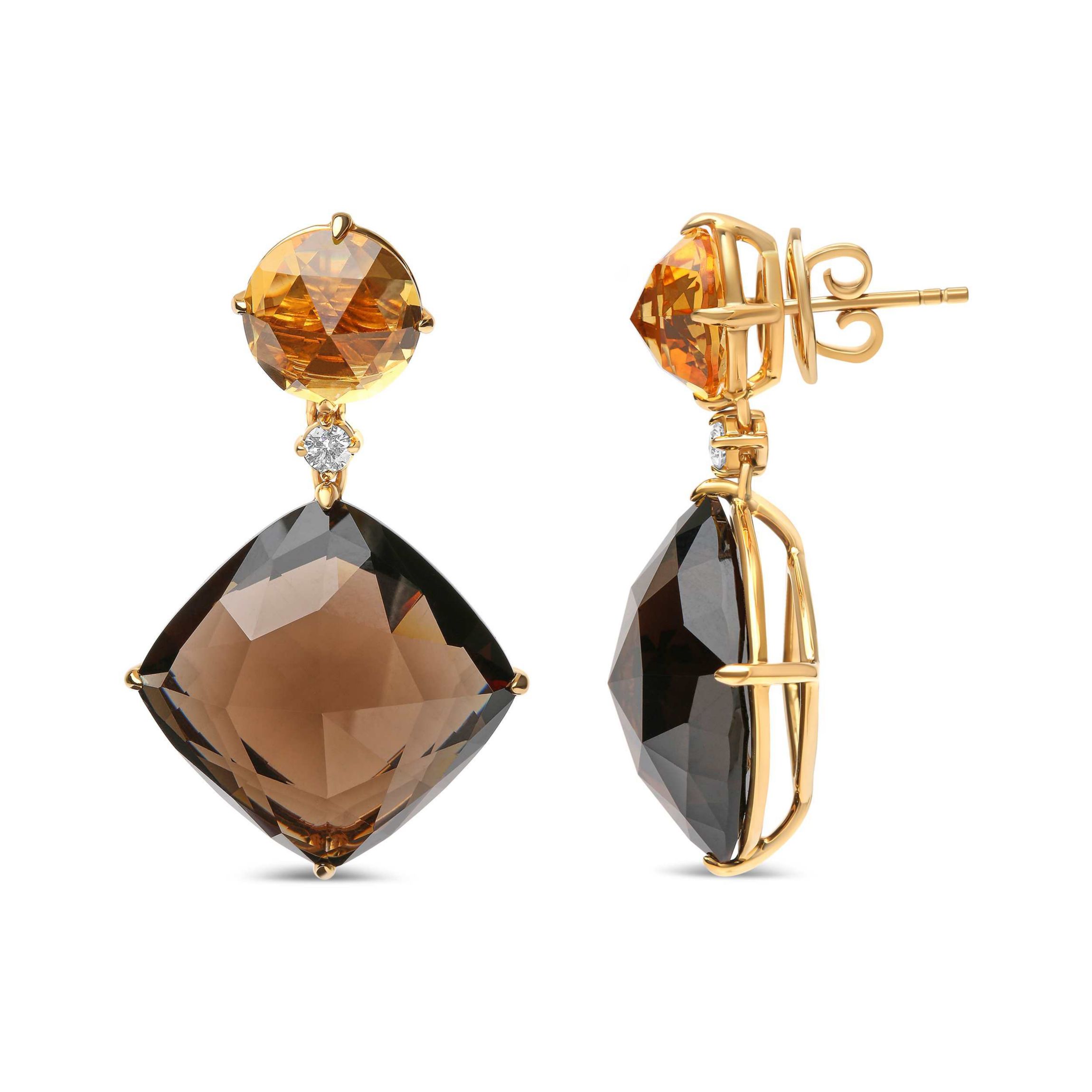 18K Gold 1/5 Ct Diamond with Yellow Citrine & Smoky Quartz Gemstone Dangle Earring