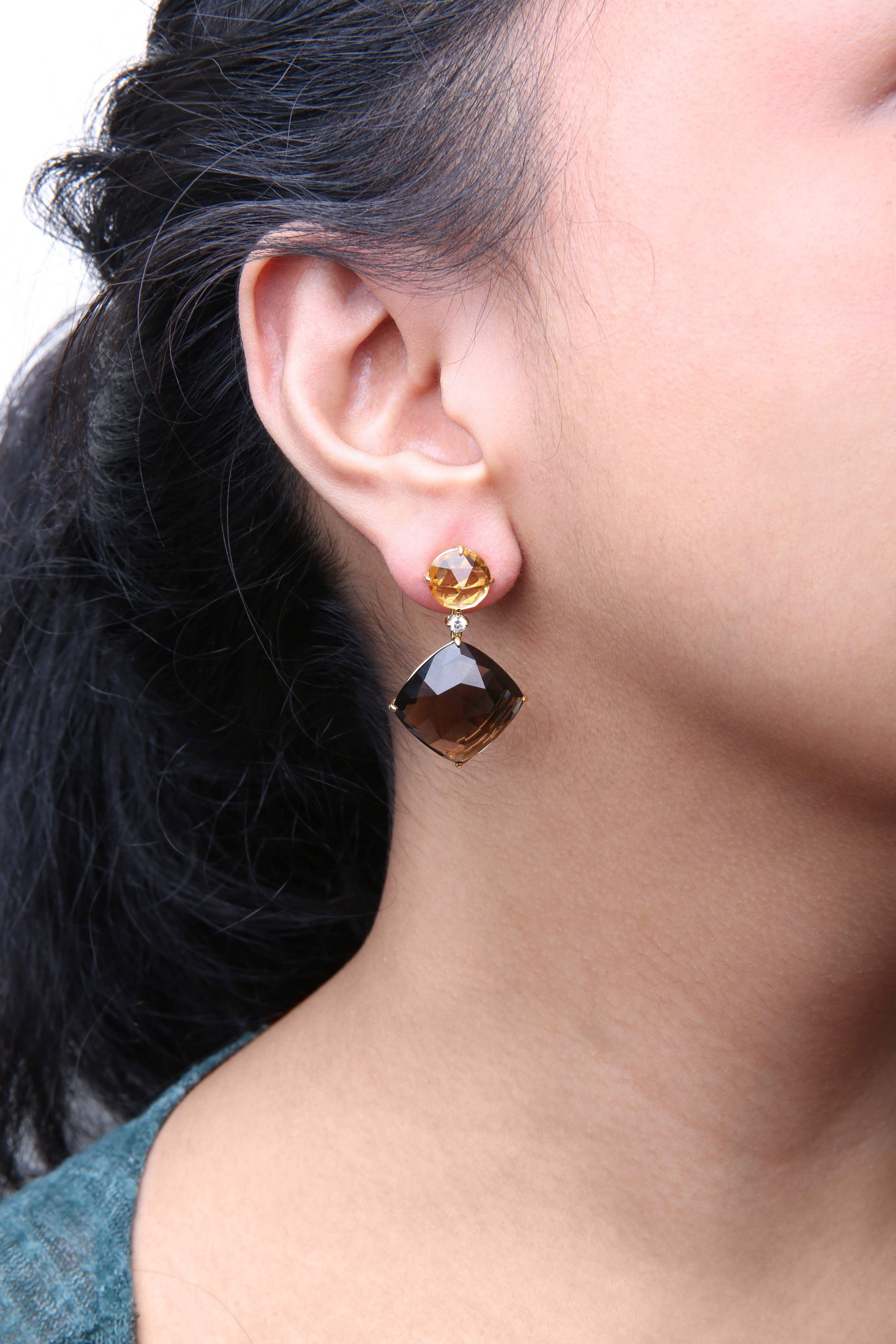 18K Gold 1/5 Ct Diamond with Yellow Citrine & Smoky Quartz Gemstone Dangle Earring