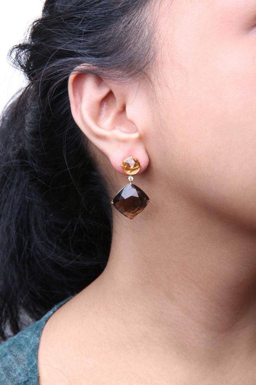 18K Gold 1/5 Ct Diamond with Yellow Citrine & Smoky Quartz Gemstone Dangle Earring