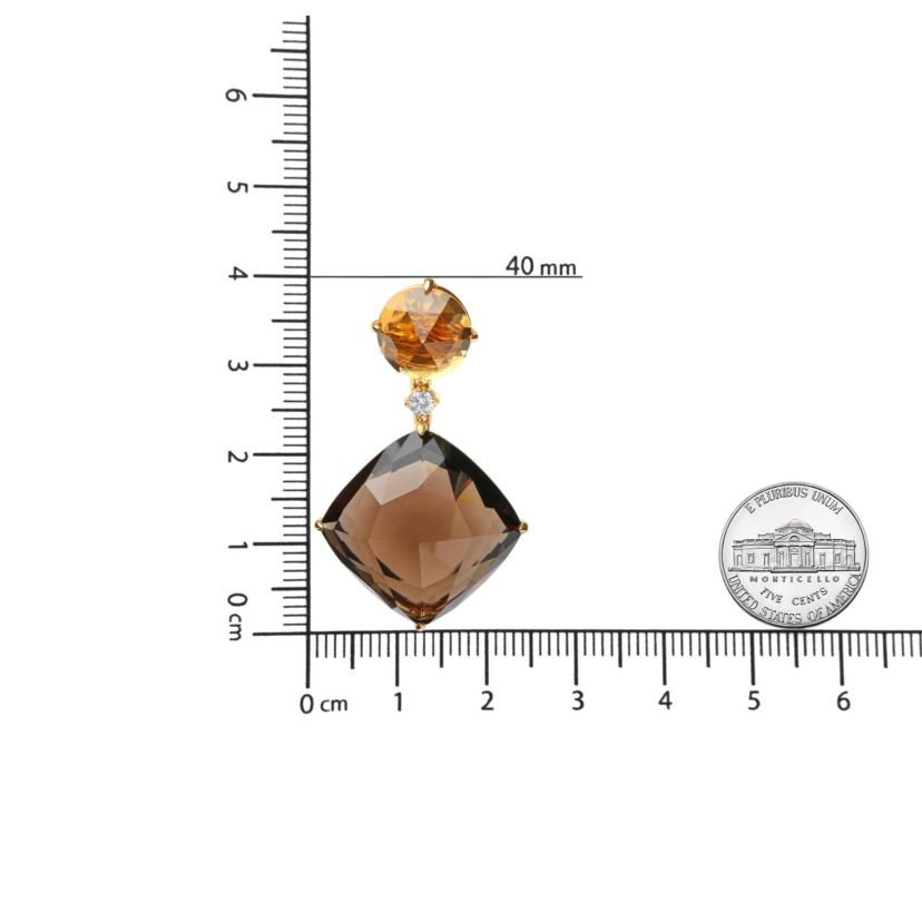 18K Gold 1/5 Ct Diamond with Yellow Citrine & Smoky Quartz Gemstone Dangle Earring