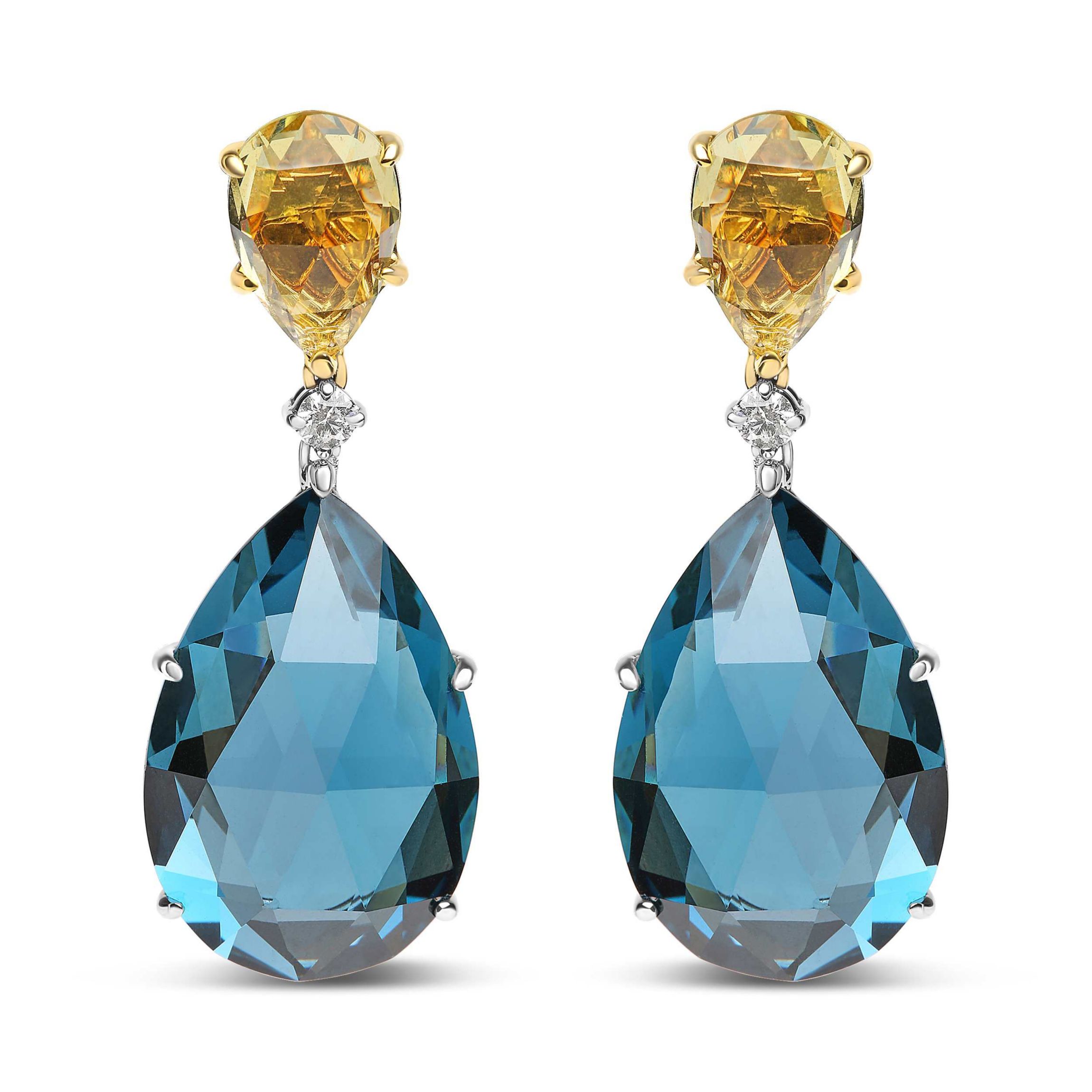 18K Gold 1/5 Cttw Diamond with Quartz & London Blue Topaz Gemstone Dangle Earring