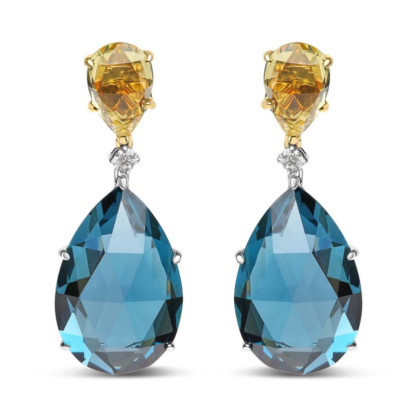 18K Gold 1/5 Cttw Diamond with Quartz & London Blue Topaz Gemstone Dangle Earring