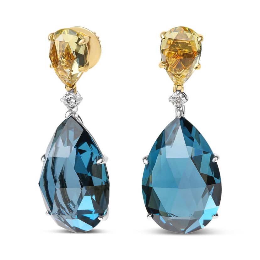 18K Gold 1/5 Cttw Diamond with Quartz & London Blue Topaz Gemstone Dangle Earring