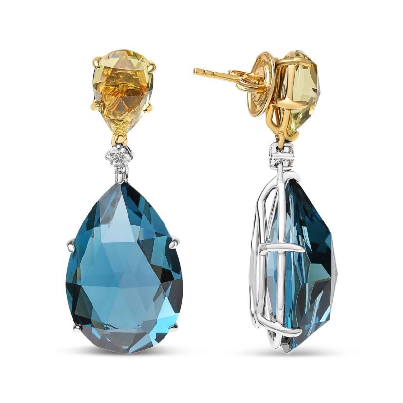 18K Gold 1/5 Cttw Diamond with Quartz & London Blue Topaz Gemstone Dangle Earring