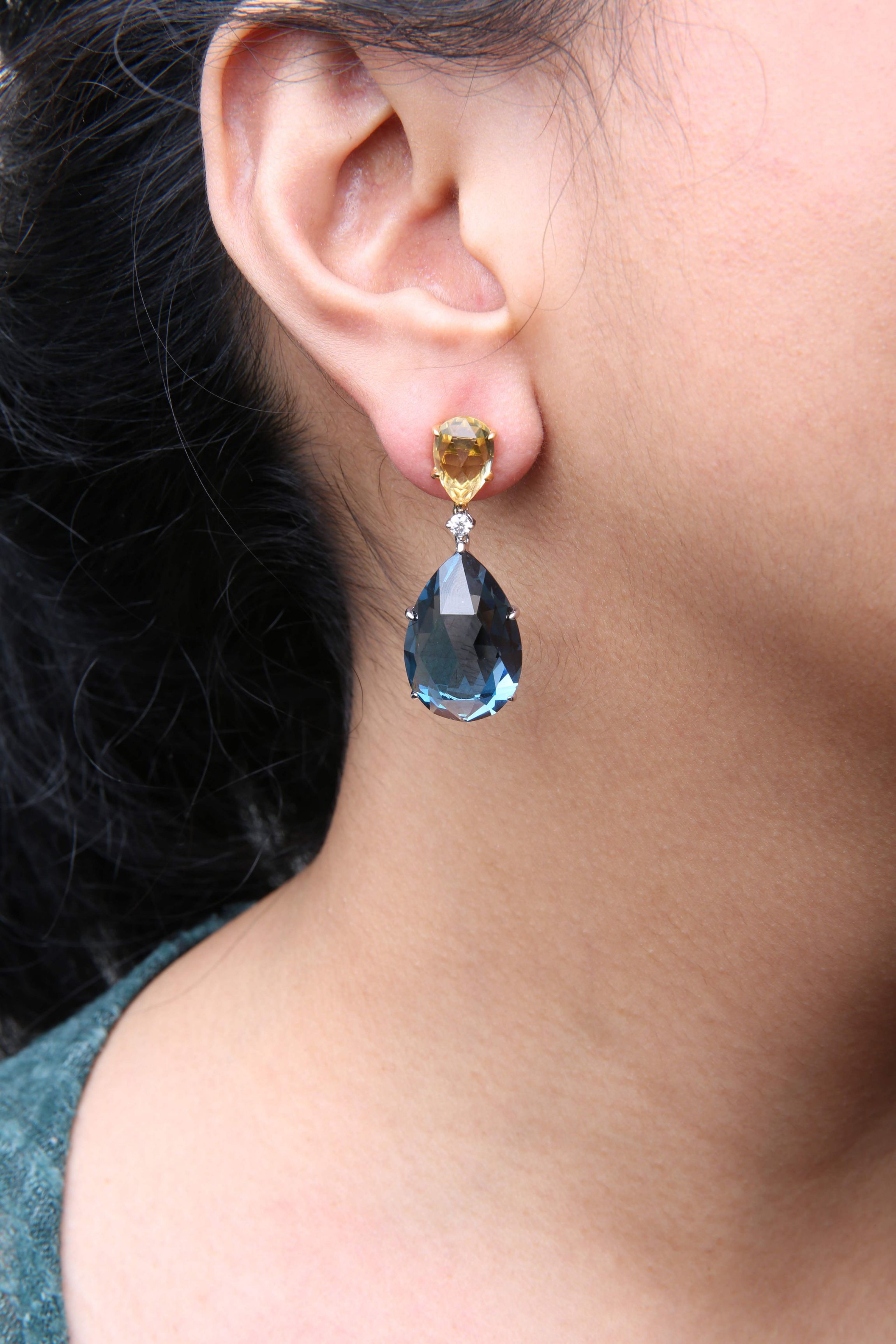 18K Gold 1/5 Cttw Diamond with Quartz & London Blue Topaz Gemstone Dangle Earring