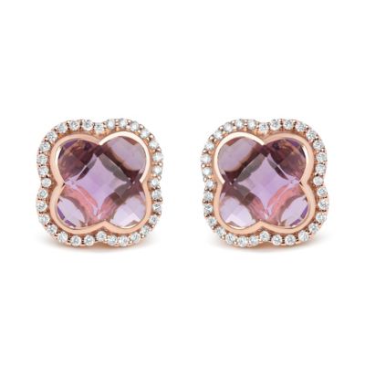 Haus of Brilliance 18K Rose Gold 3/8 Cttw Diamond & Amethyst Gemstone Clover Halo Stud Earrings