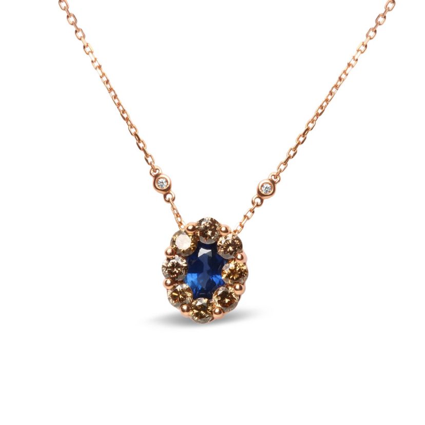 18K Rose Gold 5/8 Cttw Diamond and 7 x 4mm Oval Blue Sapphire Pendant Necklace