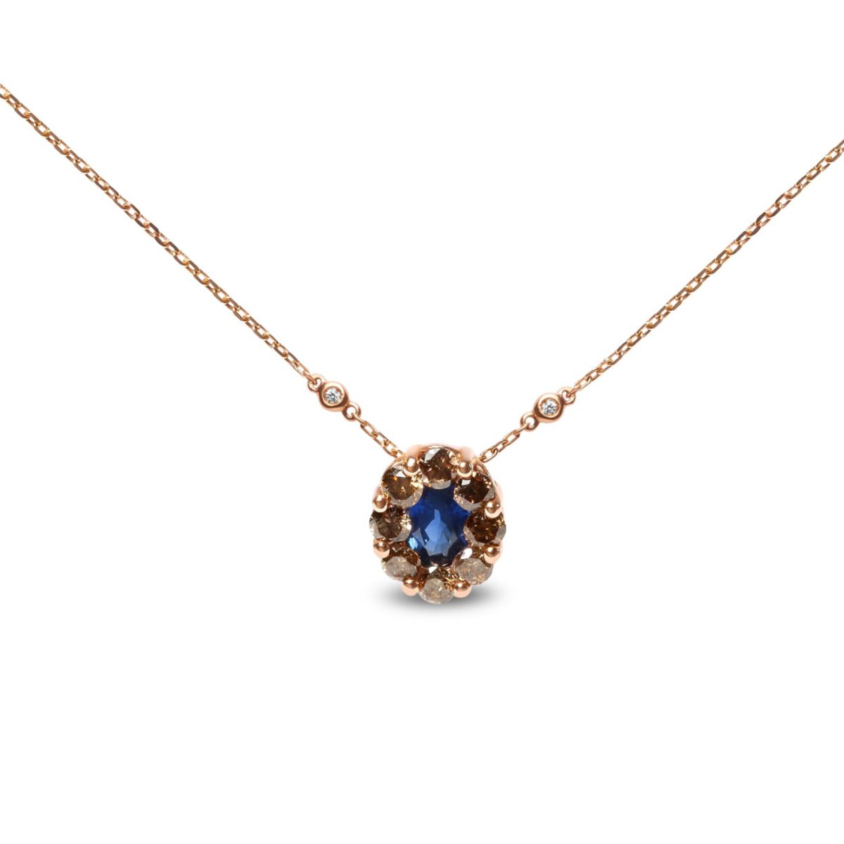 18K Rose Gold 5/8 Cttw Diamond and 7 x 4mm Oval Blue Sapphire Pendant Necklace