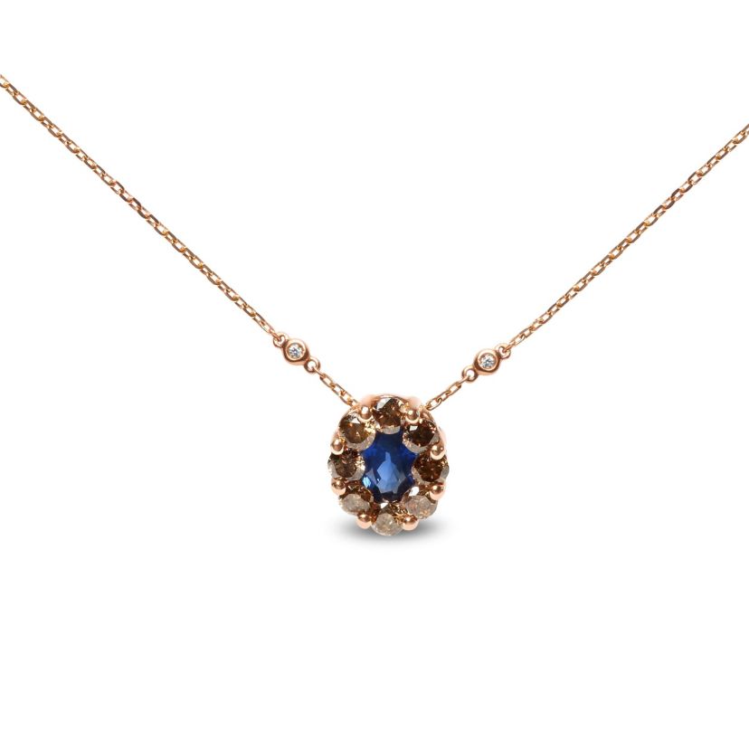18K Rose Gold 5/8 Cttw Diamond and 7 x 4mm Oval Blue Sapphire Pendant Necklace