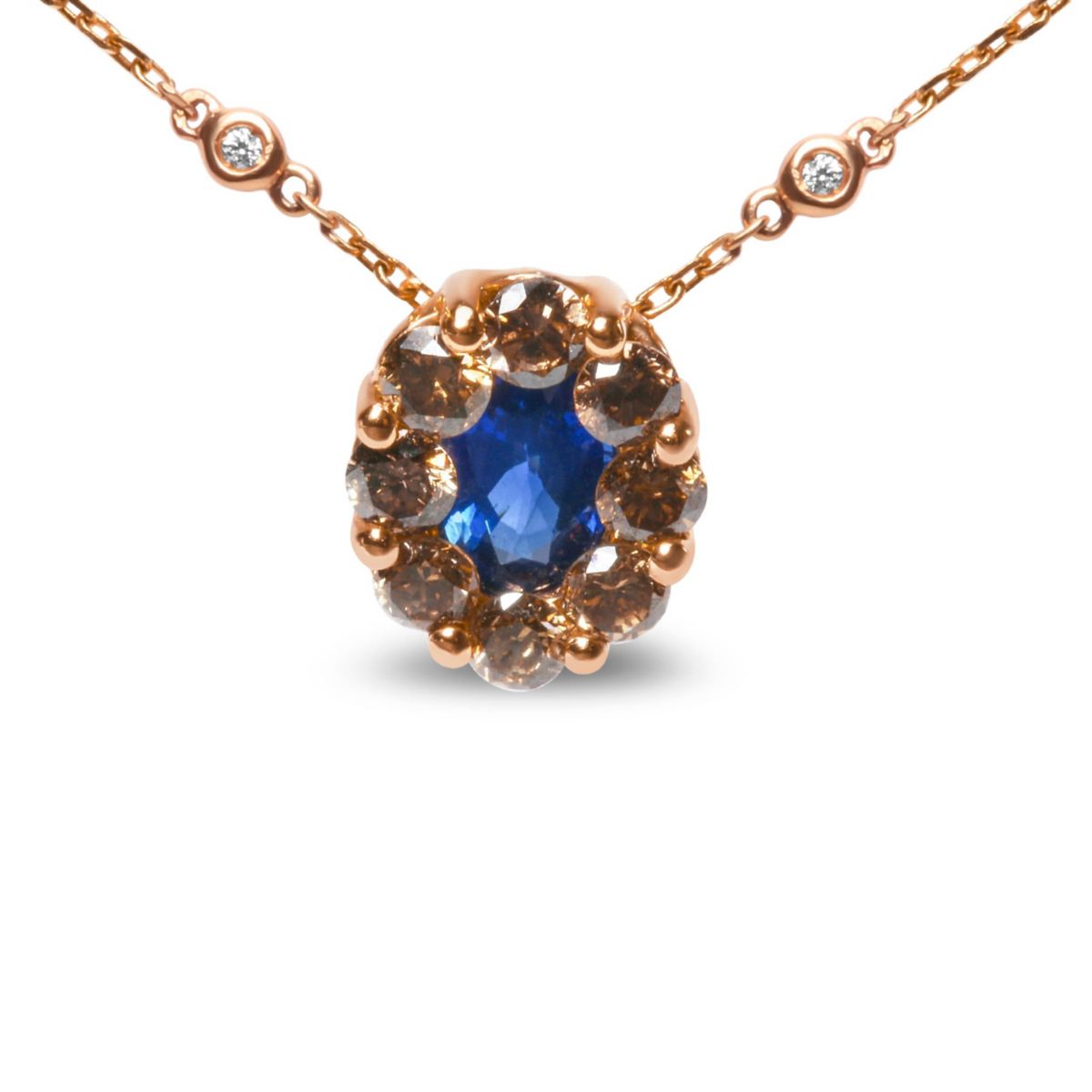 18K Rose Gold 5/8 Cttw Diamond and 7 x 4mm Oval Blue Sapphire Pendant Necklace