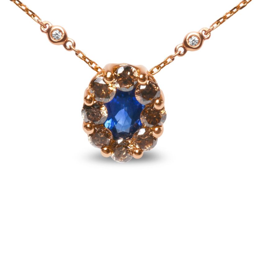 18K Rose Gold 5/8 Cttw Diamond and 7 x 4mm Oval Blue Sapphire Pendant Necklace