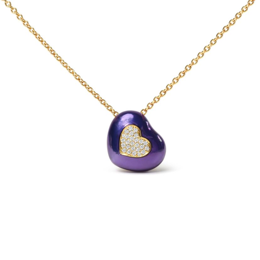 18K Yellow Gold Blue Enamel 1/10 Cttw Diamonds Heart Shape Pendant Necklace