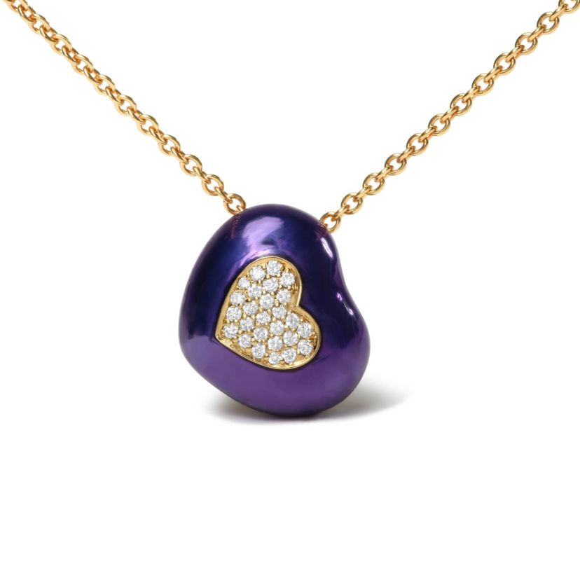 18K Yellow Gold Blue Enamel 1/10 Cttw Diamonds Heart Shape Pendant Necklace