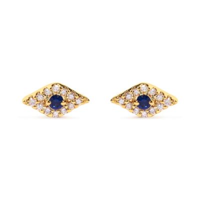 Haus of Brilliance 10K Yellow Gold Blue Sapphire and Diamond Accent Evil Eye Stud Earring
