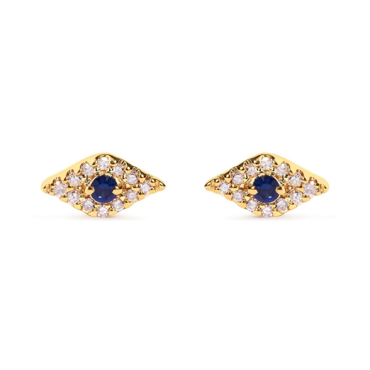 10K Yellow Gold Blue Sapphire and Diamond Accent Evil Eye Stud Earring