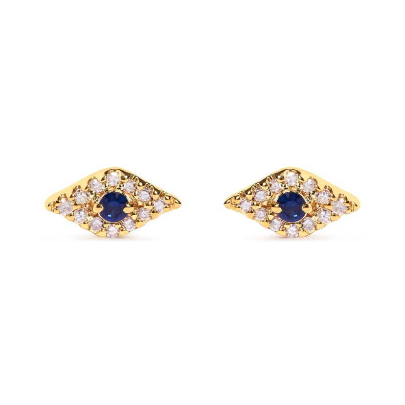 10K Yellow Gold Blue Sapphire and Diamond Accent Evil Eye Stud Earring