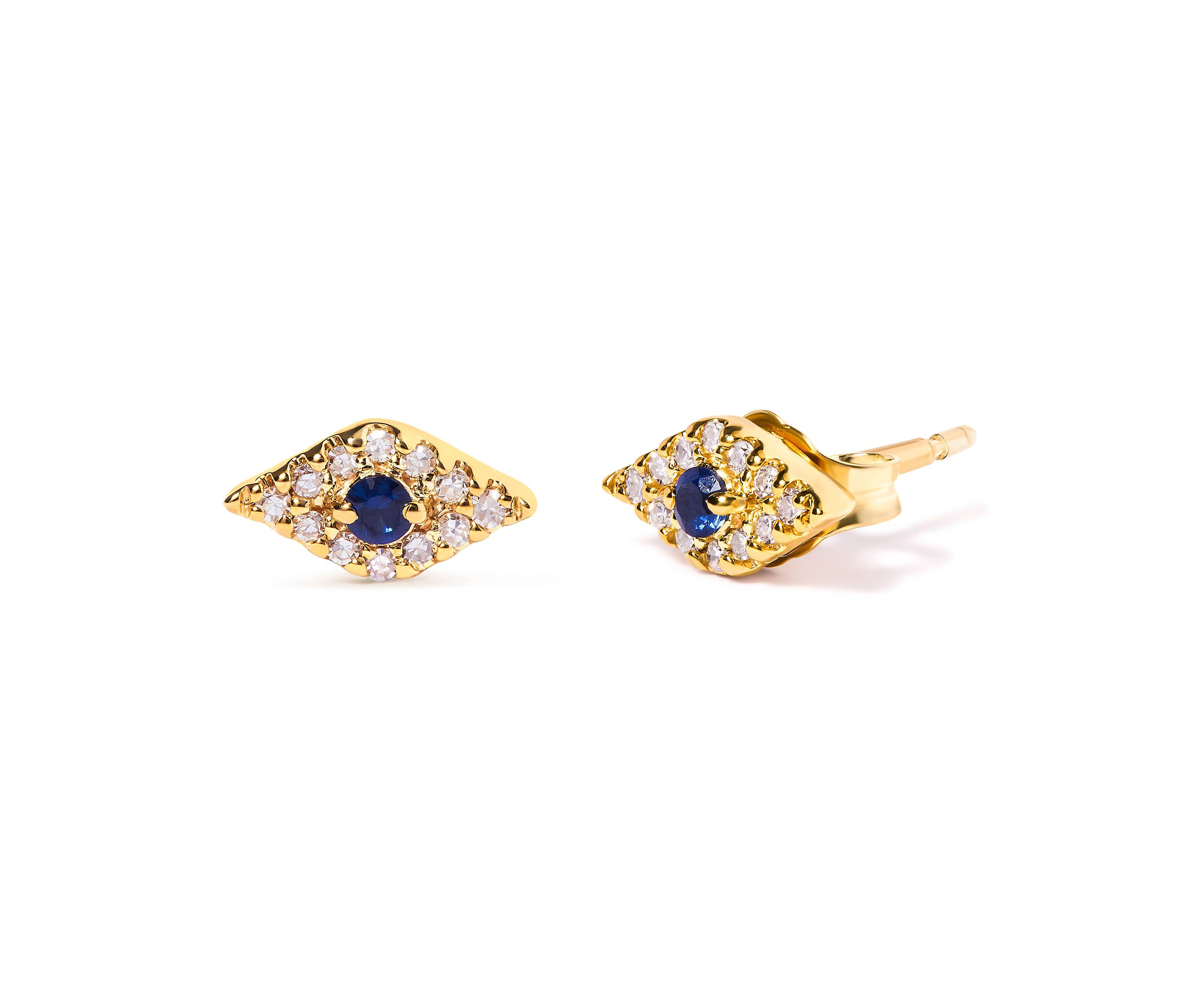 10K Yellow Gold Blue Sapphire and Diamond Accent Evil Eye Stud Earring