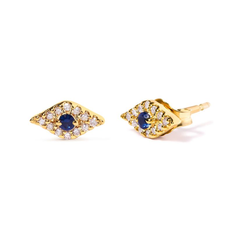 10K Yellow Gold Blue Sapphire and Diamond Accent Evil Eye Stud Earring