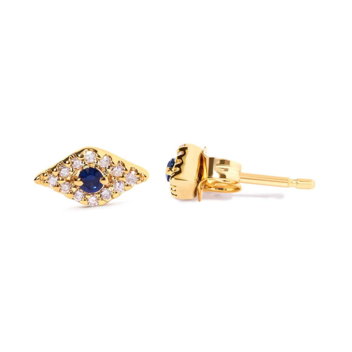 10K Yellow Gold Blue Sapphire and Diamond Accent Evil Eye Stud Earring