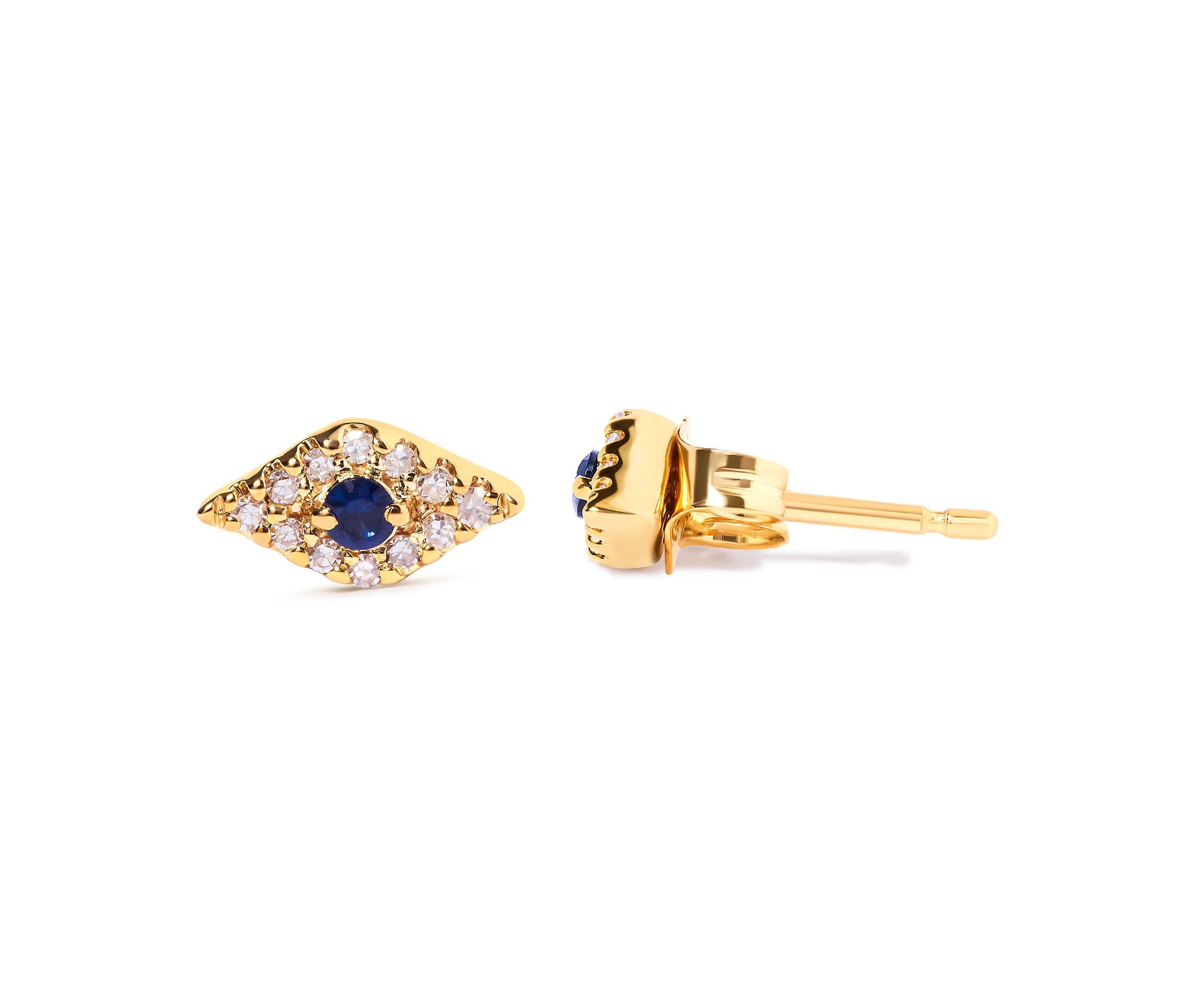 10K Yellow Gold Blue Sapphire and Diamond Accent Evil Eye Stud Earring