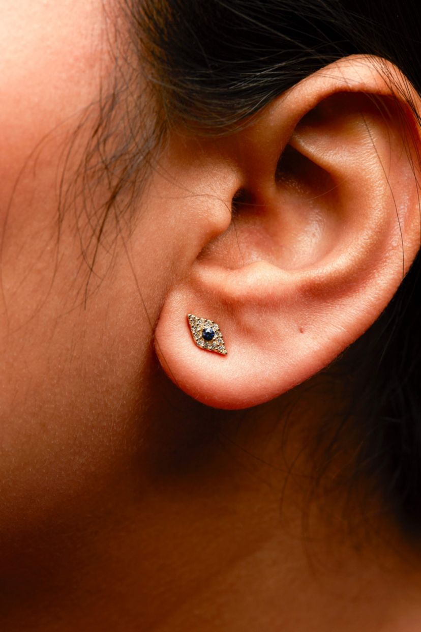 10K Yellow Gold Blue Sapphire and Diamond Accent Evil Eye Stud Earring