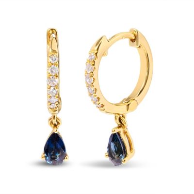 Haus of Brilliance 10K Yellow Gold Pear Blue Sapphire and Diamond Drop and Dangle Hoop Earrings