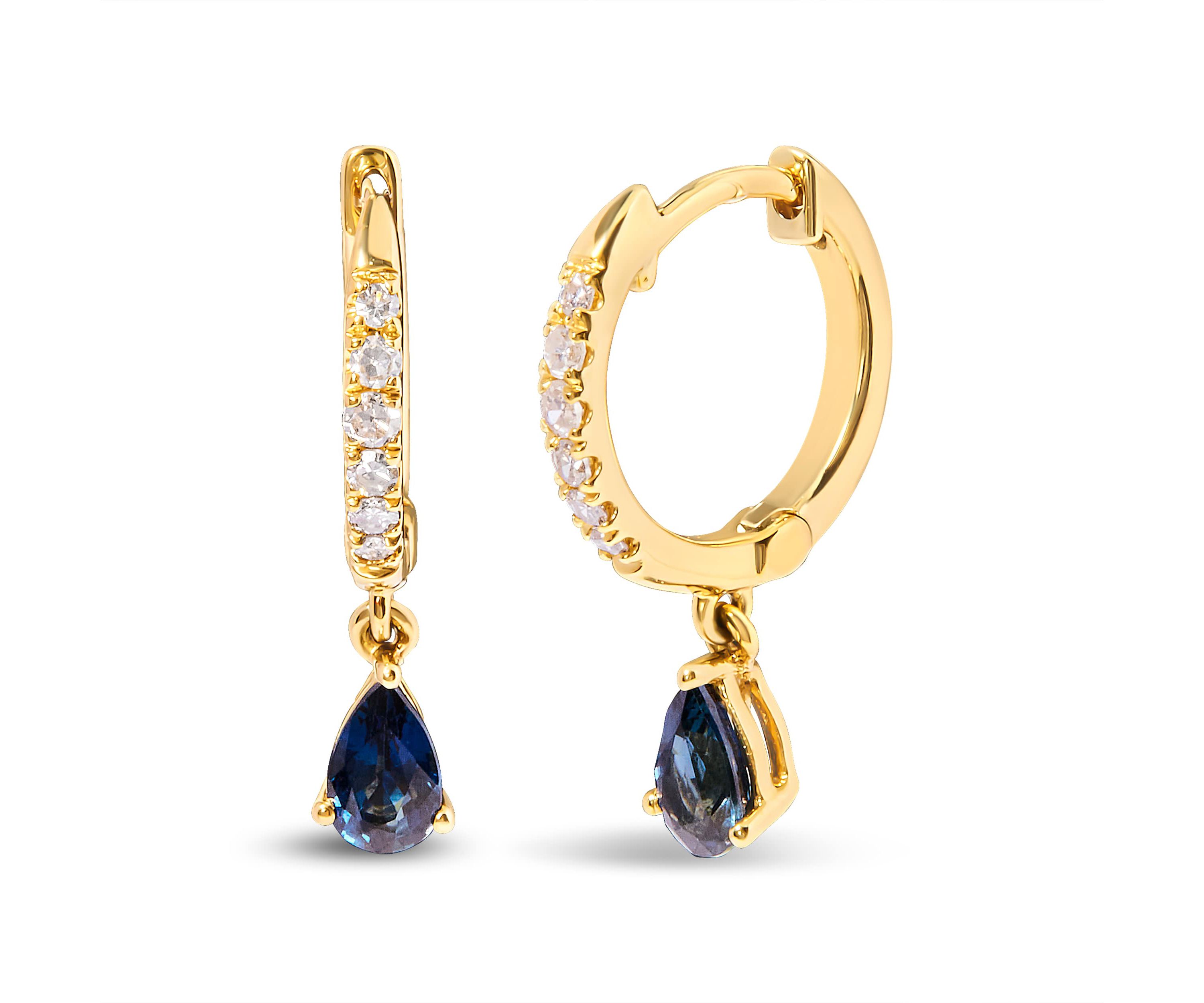 10K Yellow Gold Pear Blue Sapphire and Diamond Drop and Dangle Hoop Earrings