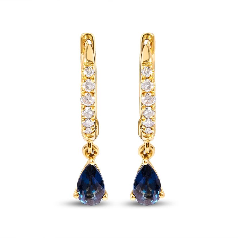 10K Yellow Gold Pear Blue Sapphire and Diamond Drop and Dangle Hoop Earrings