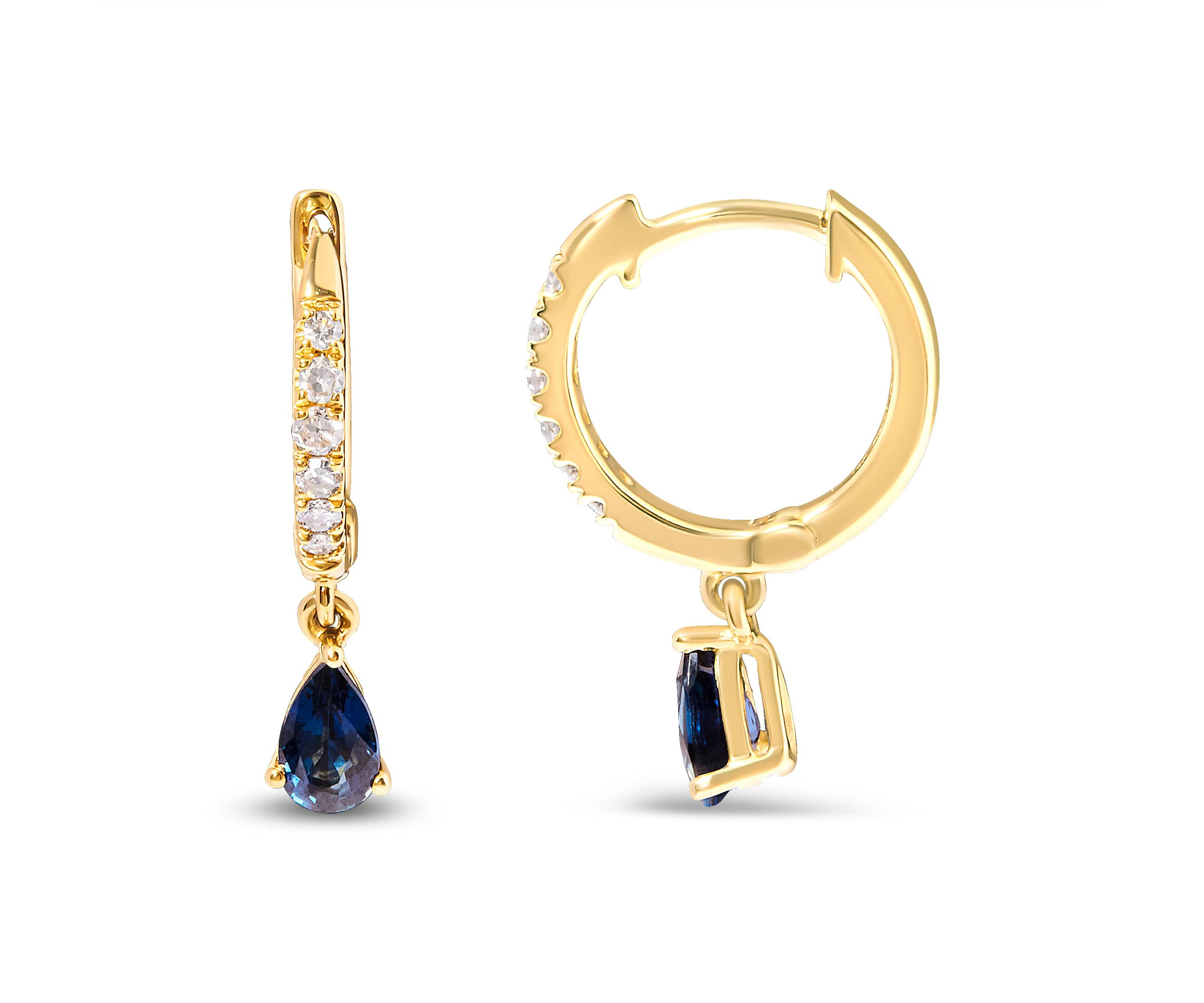 10K Yellow Gold Pear Blue Sapphire and Diamond Drop and Dangle Hoop Earrings