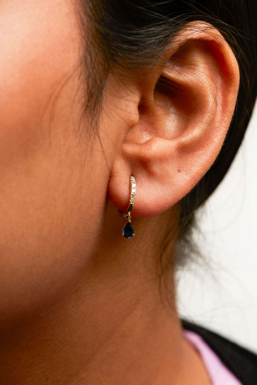10K Yellow Gold Pear Blue Sapphire and Diamond Drop and Dangle Hoop Earrings